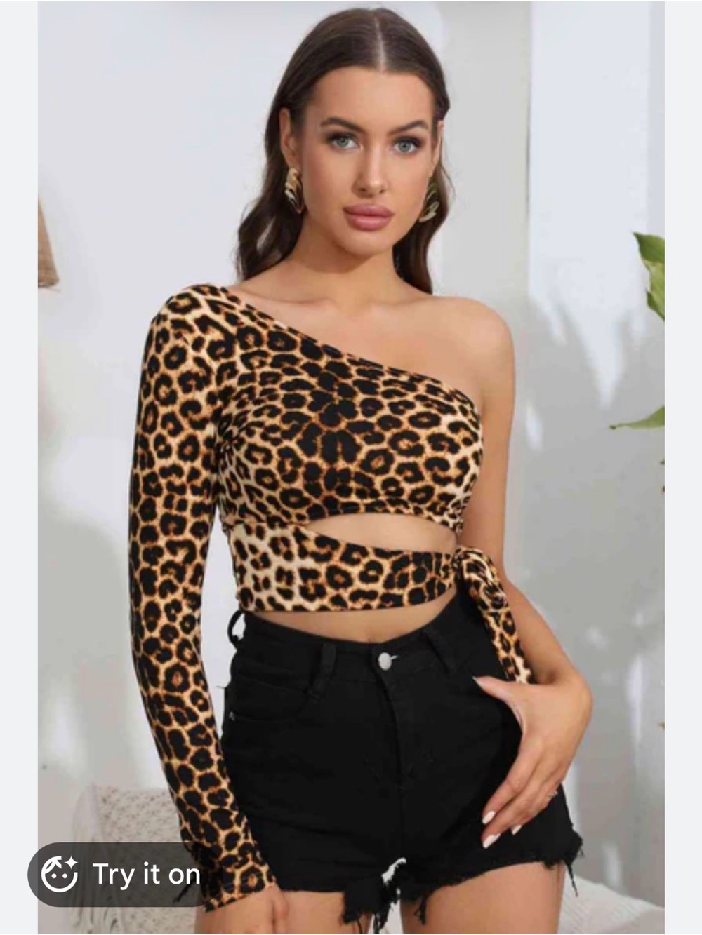 One-Shoulder Leopard Print Top - Brown Black Cream size xs
